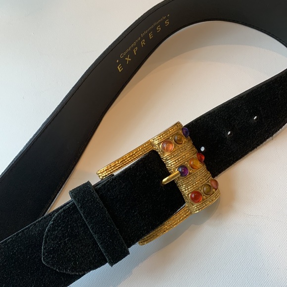 Vintage EXPRESS Black Suede Leather Y2k Gold ? Jewels 90’s Versace Look Belt main image 9